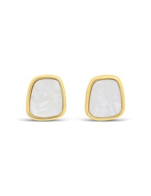 14K gold plated square stud earrings with smooth white center, 17mm