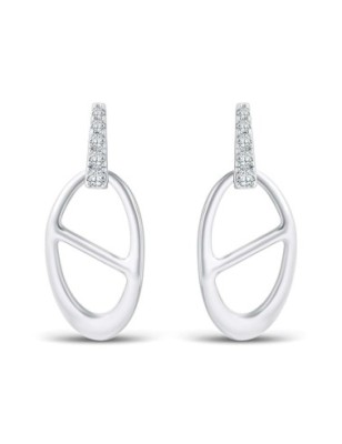 Xuping platinum plated drop earrings featuring a sparkling vertical zircon stud and a smooth geometric open oval dangle, 27mm.