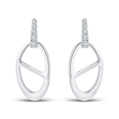 Xuping platinum plated drop earrings featuring a sparkling vertical zircon stud and a smooth geometric open oval dangle, 27mm.