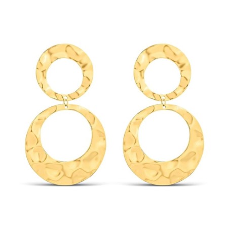 14K gold plated stainless steel 70mm earrings, hammered double circle design, stoneless.