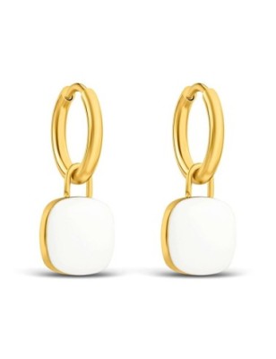 14K gold plated stainless steel hoop earrings with white enamel square drop, 25mm.