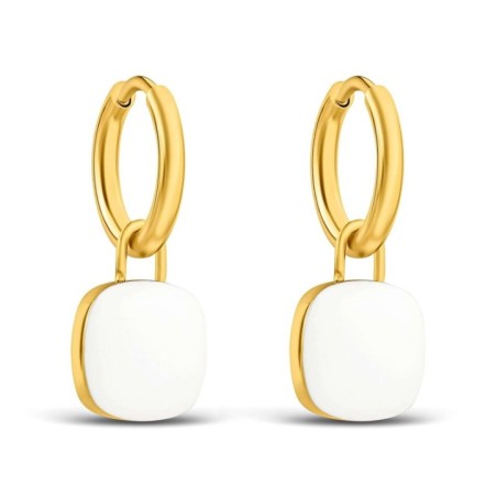 14K gold plated stainless steel hoop earrings with white enamel square drop, 25mm.