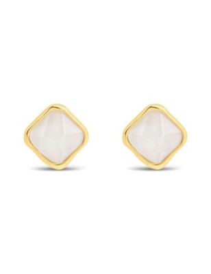 Minimalist 18K gold plated square stud earrings featuring a smooth, opaque white stone inlay, 15mm.