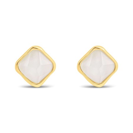 Minimalist 18K gold plated square stud earrings featuring a smooth, opaque white stone inlay, 15mm.