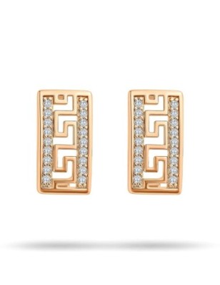 Xuping 18K gold plated rectangular earrings with Greek key pattern, white zircons, and secure English clasp, 13mm.