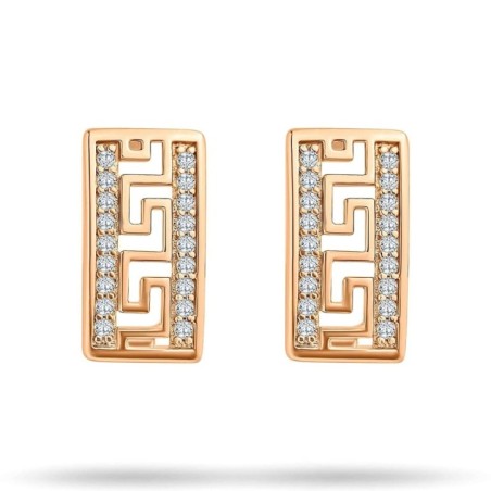 Xuping 18K gold plated rectangular earrings with Greek key pattern, white zircons, and secure English clasp, 13mm.