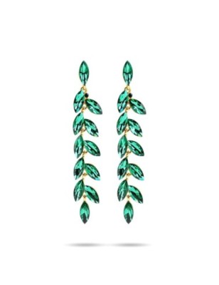 18K gold plated long leaf earrings with green crystals