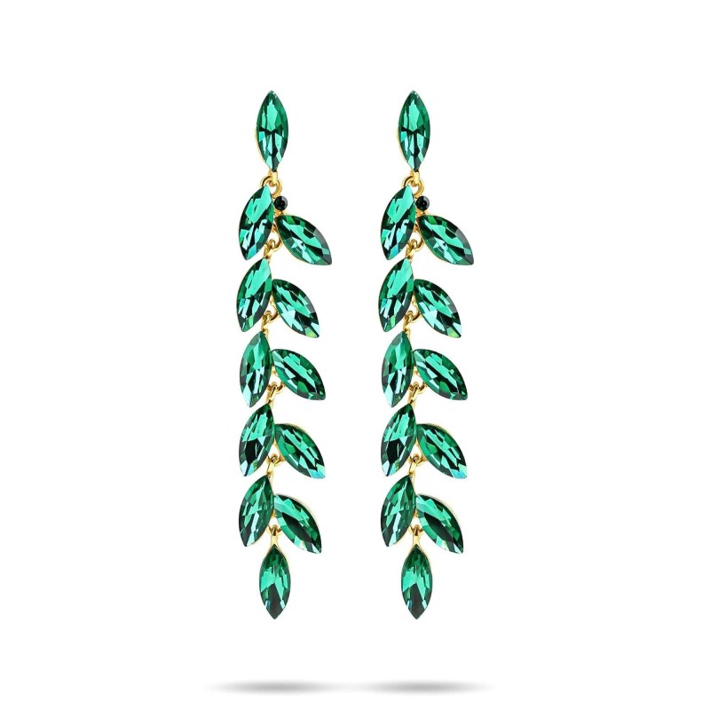 18K Gold Plated Green Crystal Leaf Long Stud Earrings