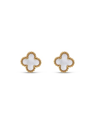 14K Gold Plated Clover Studs, White Enamel