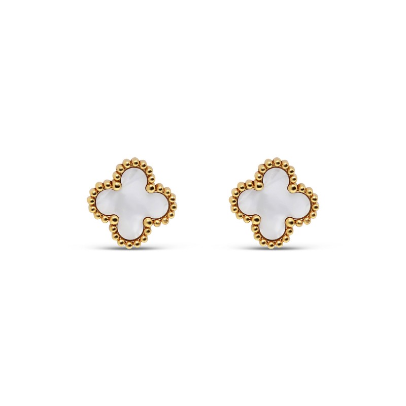 14K Gold Plated Clover Studs, White Enamel