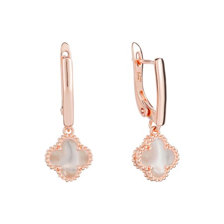 Fallon Jewelry 18K gold plated clover drop earrings with mother-of-pearl inlay, ball-edge frame, English clasp, 31mm