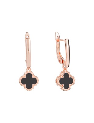 18K gold plated drop earrings with black clover charm, English clasp, 31 mm, Fallon