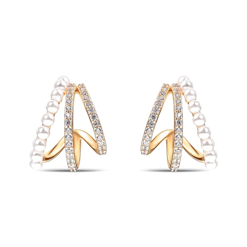 18K Gold Plated Xuping Multi-Band Pearl & Zircon Studs