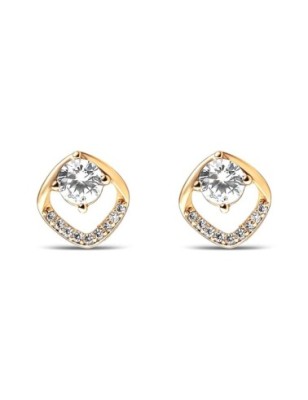 Xuping 18K gold plated petite geometric stud earrings featuring a floating central white zircon and paved accents, 9mm.