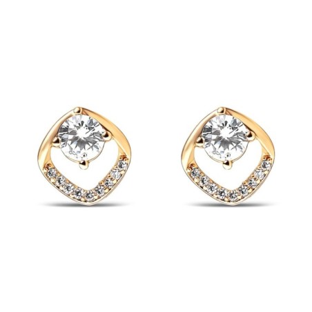 Xuping 18K gold plated petite geometric stud earrings featuring a floating central white zircon and paved accents, 9mm.