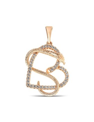 Xuping 18K gold plated pendant featuring an interlocking snake and heart design with white synthetic CZ stones, 28mm.