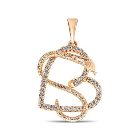 Xuping 18K gold plated pendant featuring an interlocking snake and heart design with white synthetic CZ stones, 28mm.