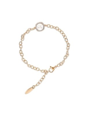 Bracelet by Xuping featuring a central shell pearl surrounded by a sparkling halo of white zircons, adjustable 20cm length.