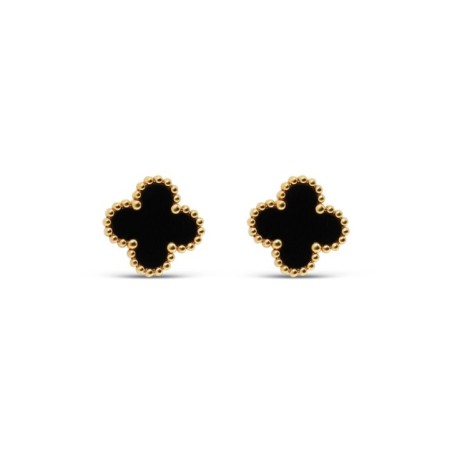 14K gold plated clover stud earrings with black enamel, 12 mm