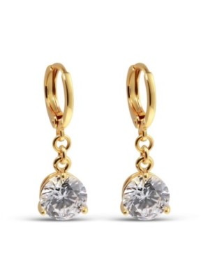 Xuping 24K gold plated dangle earrings, 27mm, French clasp, large round white zircon.