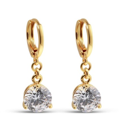 Xuping 24K gold plated dangle earrings, 27mm, French clasp, large round white zircon.