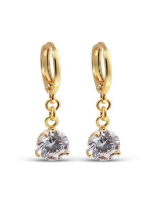 Xuping 24K gold plated classic dangle earrings featuring a secure French clasp and a brilliant round white zircon, 26mm length.