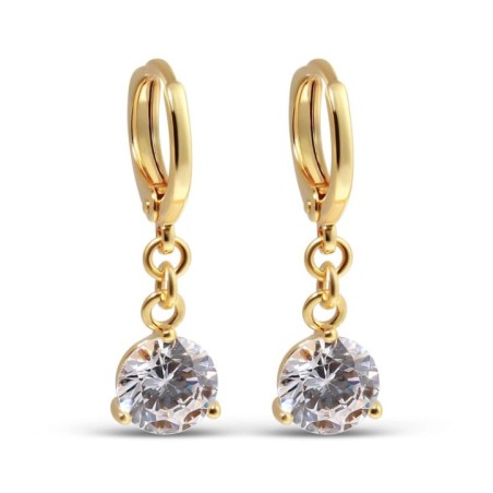 Xuping 24K gold plated classic dangle earrings featuring a secure French clasp and a brilliant round white zircon, 26mm length.