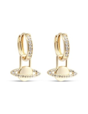 Xuping 14K gold plated hoop earrings with a dangling Saturn planet charm and sparkling white zircons, 22mm.
