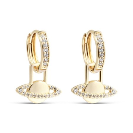 Xuping 14K gold plated hoop earrings with a dangling Saturn planet charm and sparkling white zircons, 22mm.