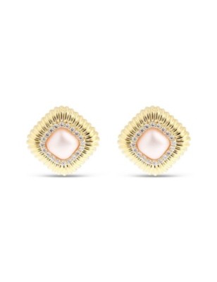 24K gold plated statement stud earrings, featuring a textured ribbed border, a soft pink center stone, and a white zircon halo.