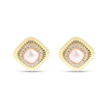 24K gold plated statement stud earrings, featuring a textured ribbed border, a soft pink center stone, and a white zircon halo.