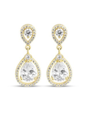Xuping 14K gold plated teardrop stud earrings featuring a sparkling halo of white zircons, 25mm length.