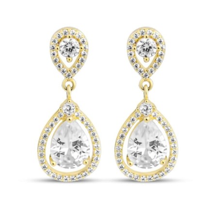 Xuping 14K gold plated teardrop stud earrings featuring a sparkling halo of white zircons, 25mm length.