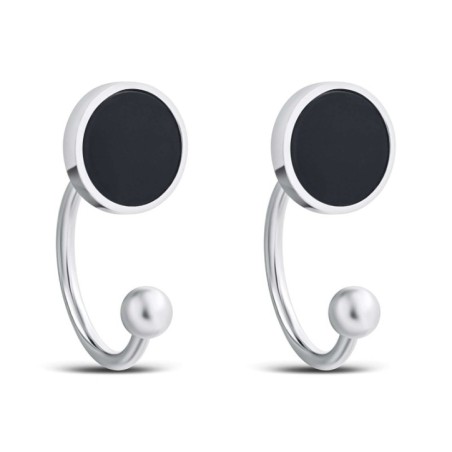 Xuping 23mm stainless steel curved stud earrings, platinum plated, black enamel circle.